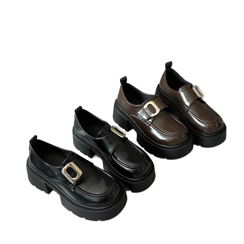 Small inner height increase thick heel loafers women's 2025 new round head platform buckle leather small leather shoes single shoes