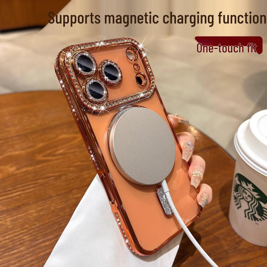 Rhinestone Magnetic Phone Case for iPhone 17 Pro Max: Transparent, Glittery, Electroplated, Anti-fall Protective Cover