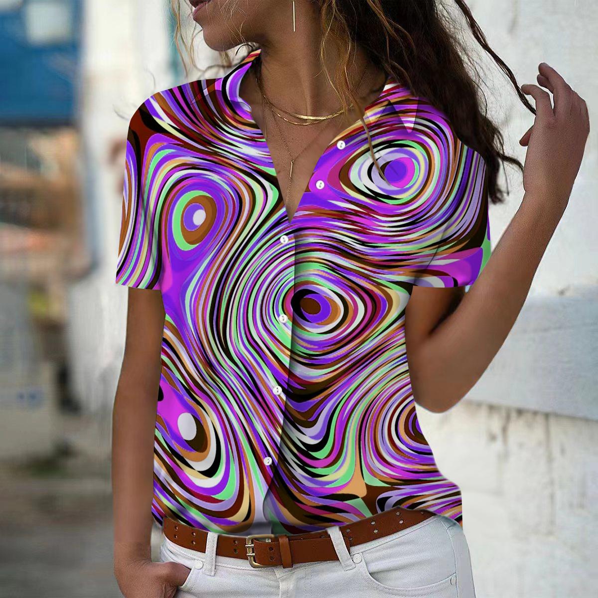 

2025 Summer New Fashion Women s Ripple Printed Short Sleeve V-neck Casual Button-down Shirt Top XS фіолетовий