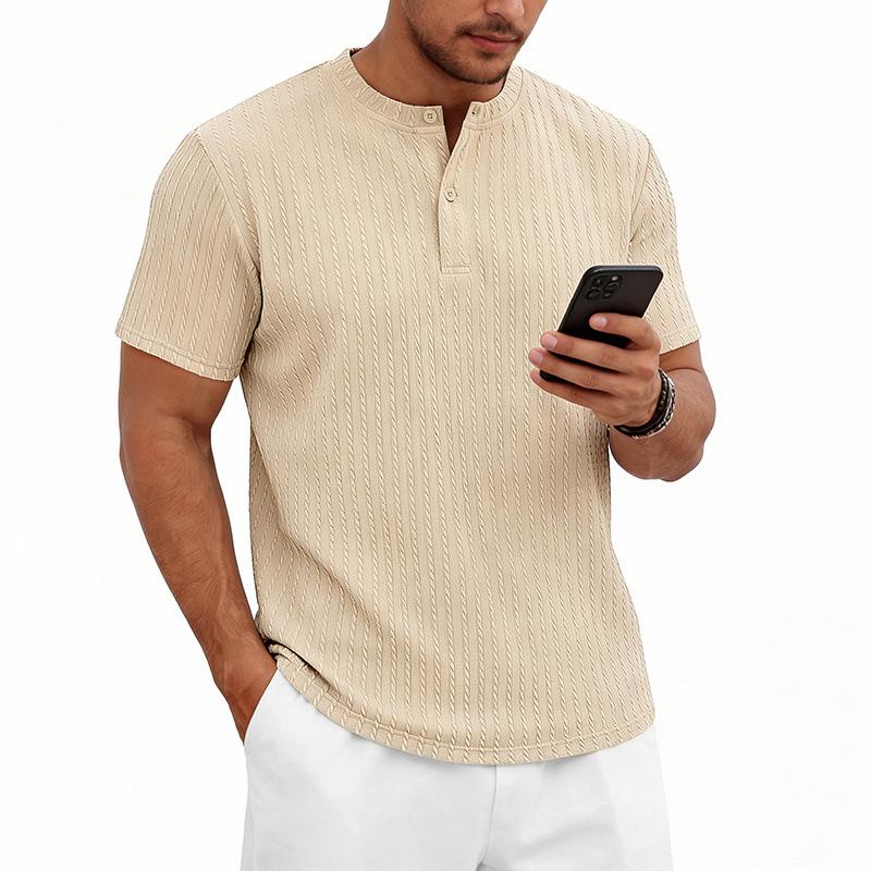 Mens American Retro Texture Elastic Loose Casual Short Sleeve Henley T Shirt S