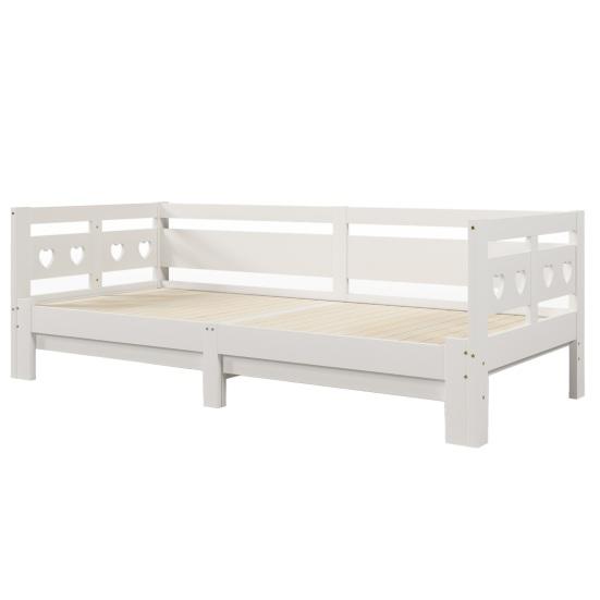 Pull-Out Bed Daybed, Bed, 90 X 200cm, Solid Pine, with Second Children Sleeping Space And Roll-Up Slatted Frame, Heart-Shaped White Flat