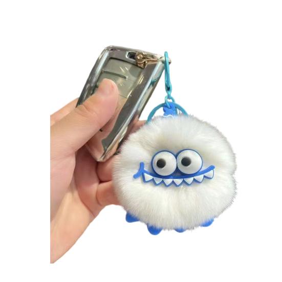 Monster-Inspired Plush Keychain Soft Fuzzy Fur Ball with Big Eyes & Teeth Eye-catching Bag Charm for Keys Backpacks Fun Gift for Teens & Adults