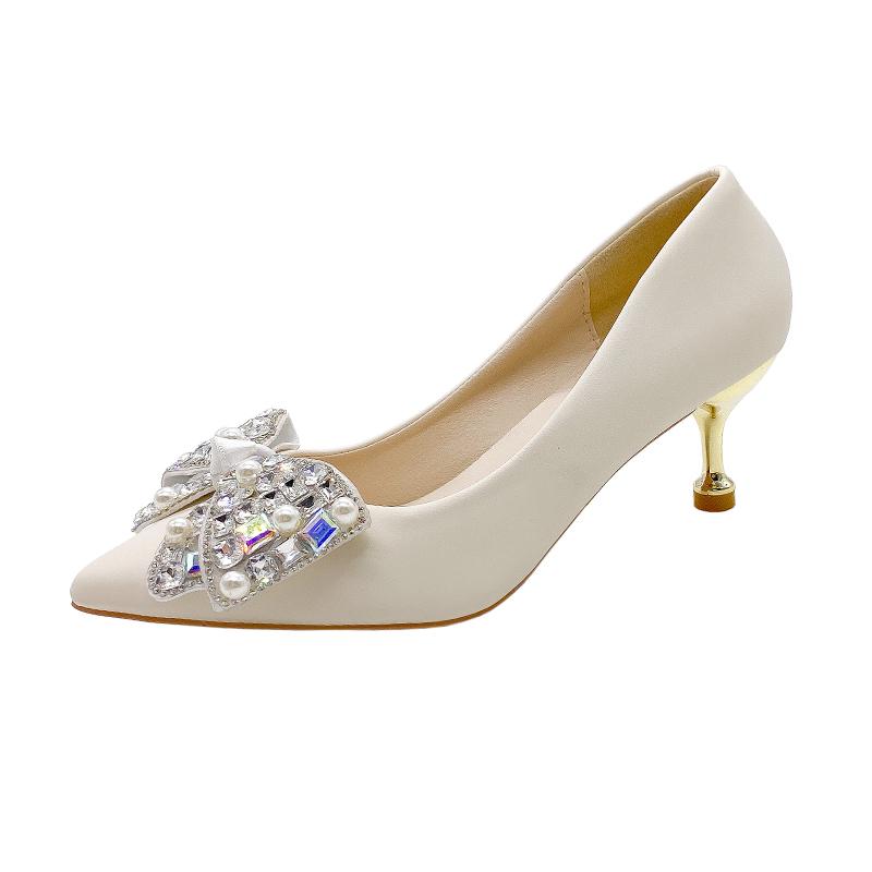 Dámské boty na tenkém podpatku, podzimní novinka, špičatá špička, mělký výstřih, s mašlí s kamínky, protiskluzové boty s nízkým svrškem