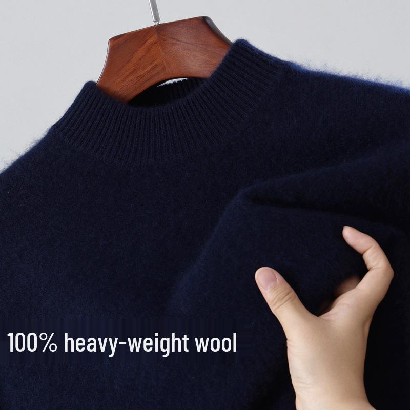 Men's 100% Wool Round Neck Loose Casual Sweater - Thickened Long Sleeve Knitwear