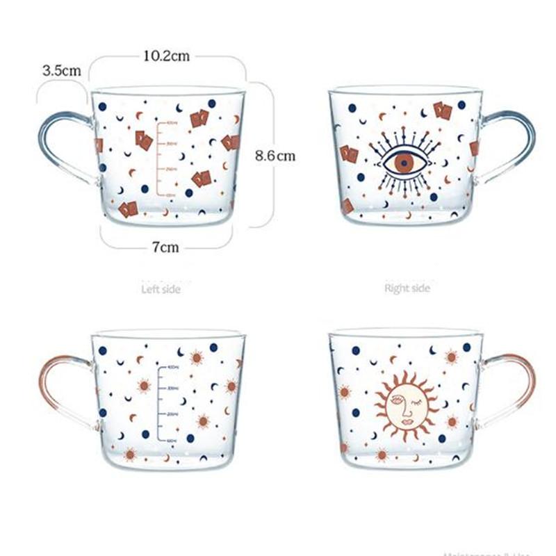Taza de Vidrio Abstracta con Patrón de Sol y Ojo de 500ml con Asa Taza Creativa para Desayuno Café Jugo Té con Escala
