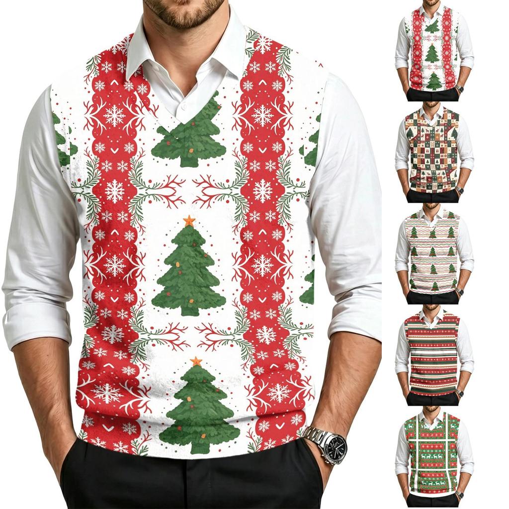 Herre Uld V-hals Strikket Sweater Vest, Juleprint Ærmeløs Pullover til Feriependling