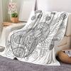 Black And White Line Drawing Mandala Guitar Flannel Blanket, Main Guitar Covered with Exquisite Entwined Patterns, Paired with Flowing Musical Notes A