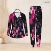 Women Plus Size Black Pink Floral Printed Nurse Scrub Set V Neck Long Sleeve Pockets Top Long Pants