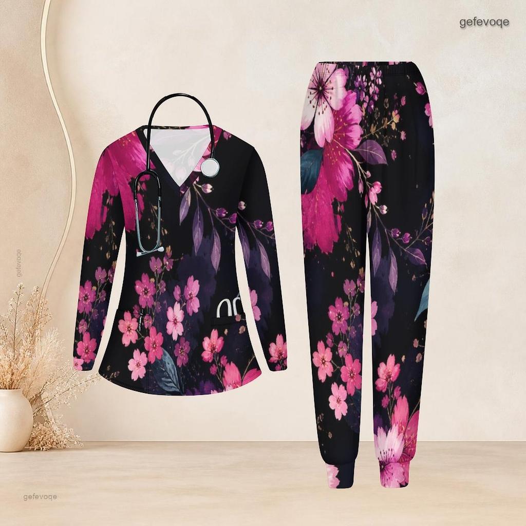 Women Plus Size Black Pink Floral Printed Nurse Scrub Set V Neck Long Sleeve Pockets Top Long Pants