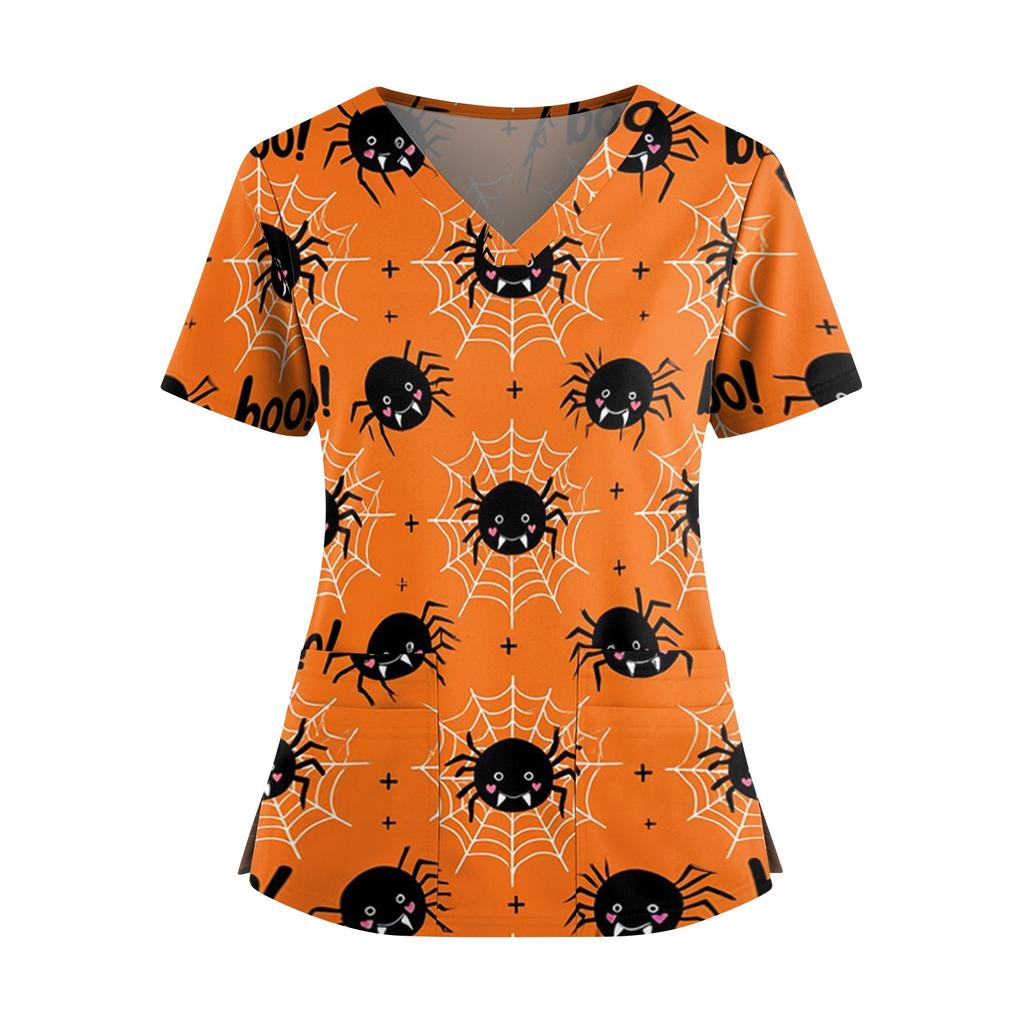 Womens V Neck Casual Halloween Print Top Short Sleeve Medical Scrub Shirt with Pockets Lightweight Comfortable Fit