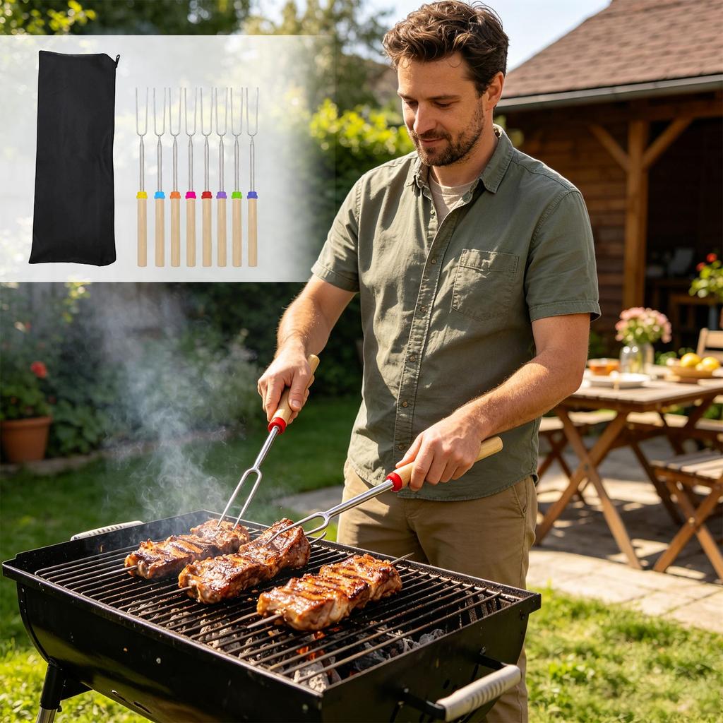 Stainless Steel Telescopic Barbecue Forks Set with Wooden Handles U Shaped Skewers for Outdoor Grilling Roasting Marshmallows Hot Dogs Camping BBQ