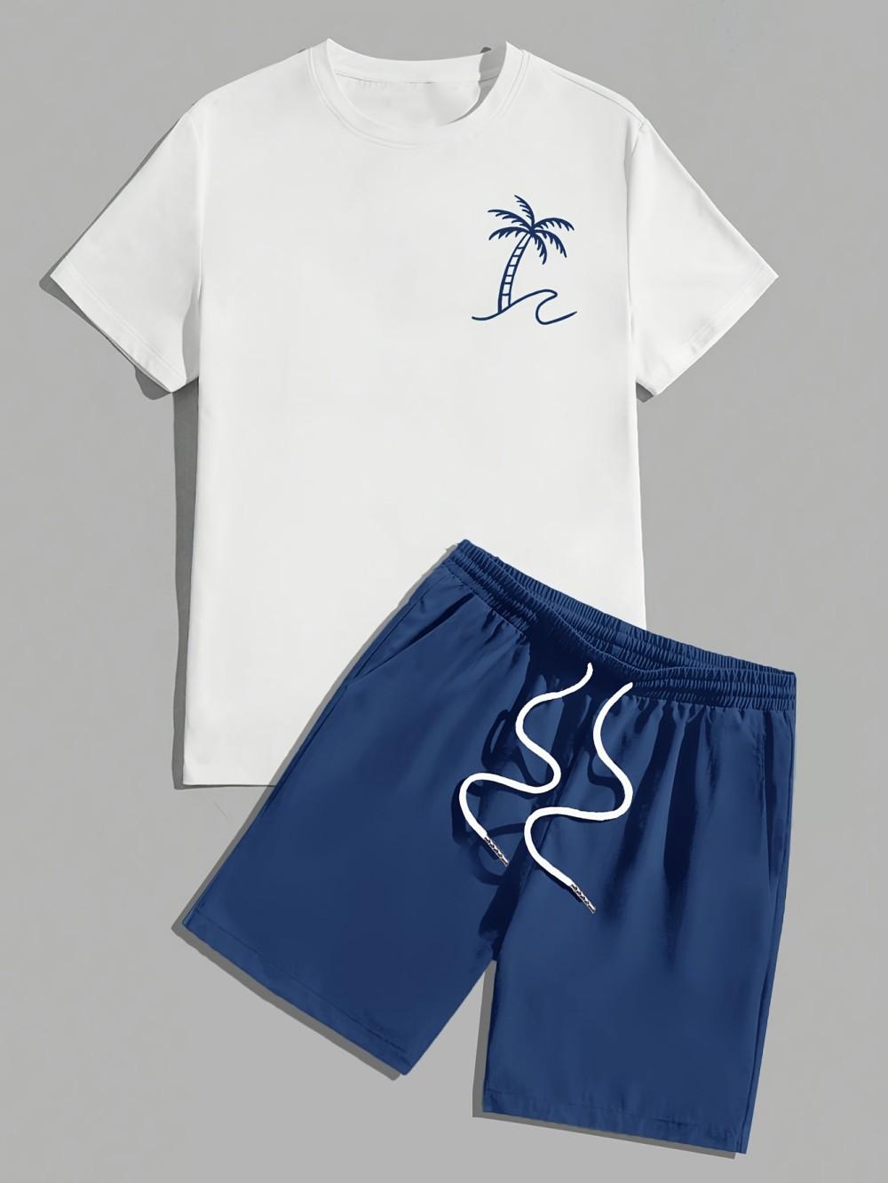 Men s Summer Printed Comfortable Breathable Crew Neck T-Shirt and Shorts Set S