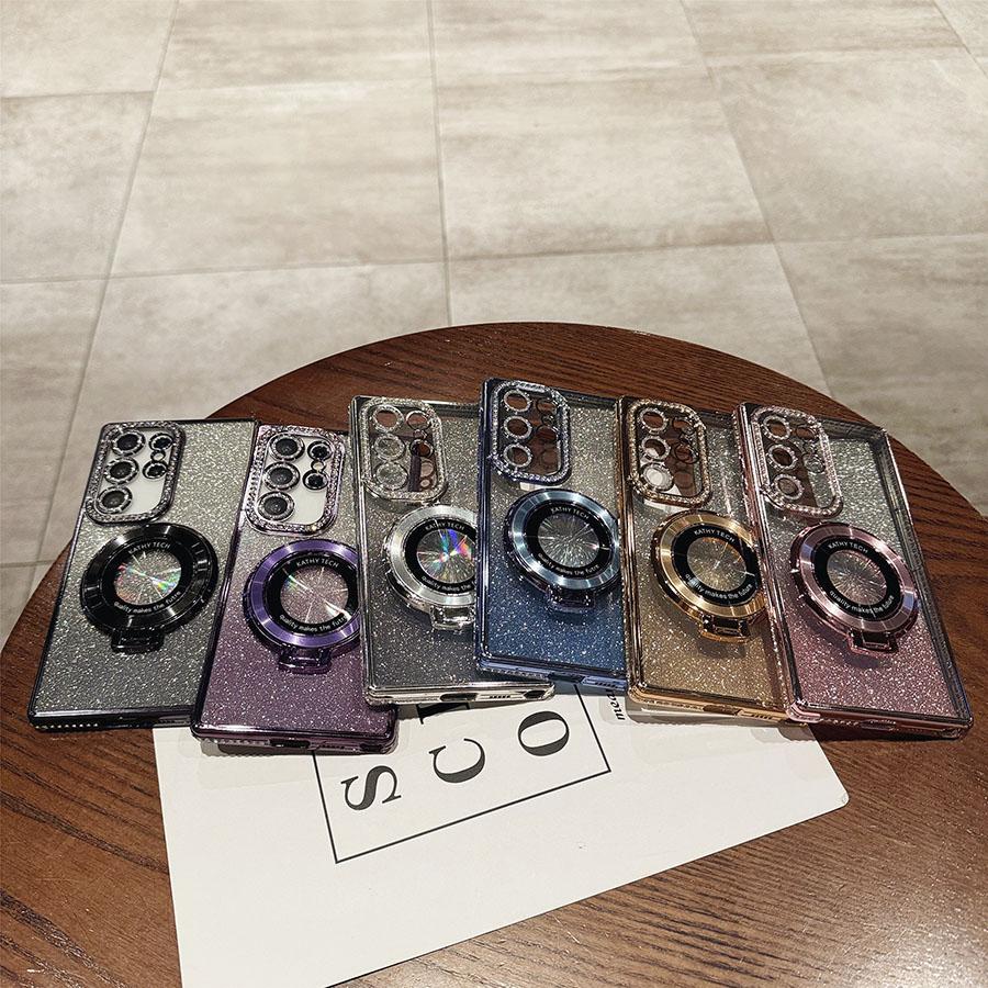 Luksus Glitter Bling Gradient Etuier Stativ Diamant S24Ultra Etui For Samsung Galaxy S25 S24 S23 S22 Ultra Plus A05S A15 A24 A25 A35 A55 Deksel
