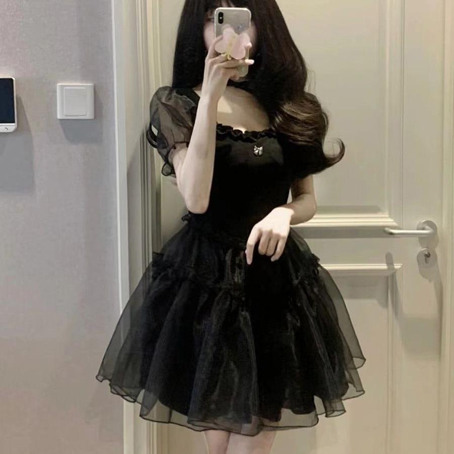 First Love French Retro Black Pure Desire Dress Women's Summer Design Niche Bubble Sleeve Mesh Fluffy Short Skirt