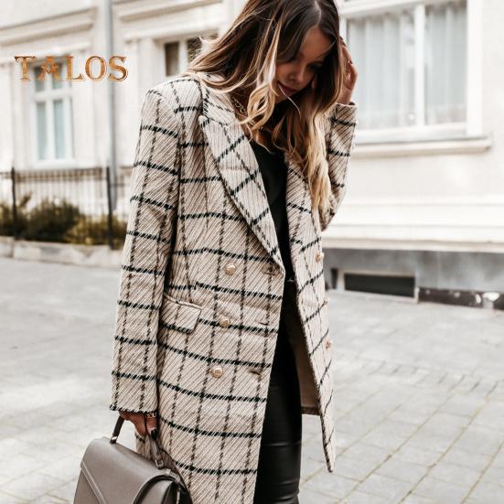 Damen Winter Herbst Mantel Umlegekragen Karomuster Zweireihig Lange Ärmel Dicke Mittellange Jacke für Dating Pendeln Büro