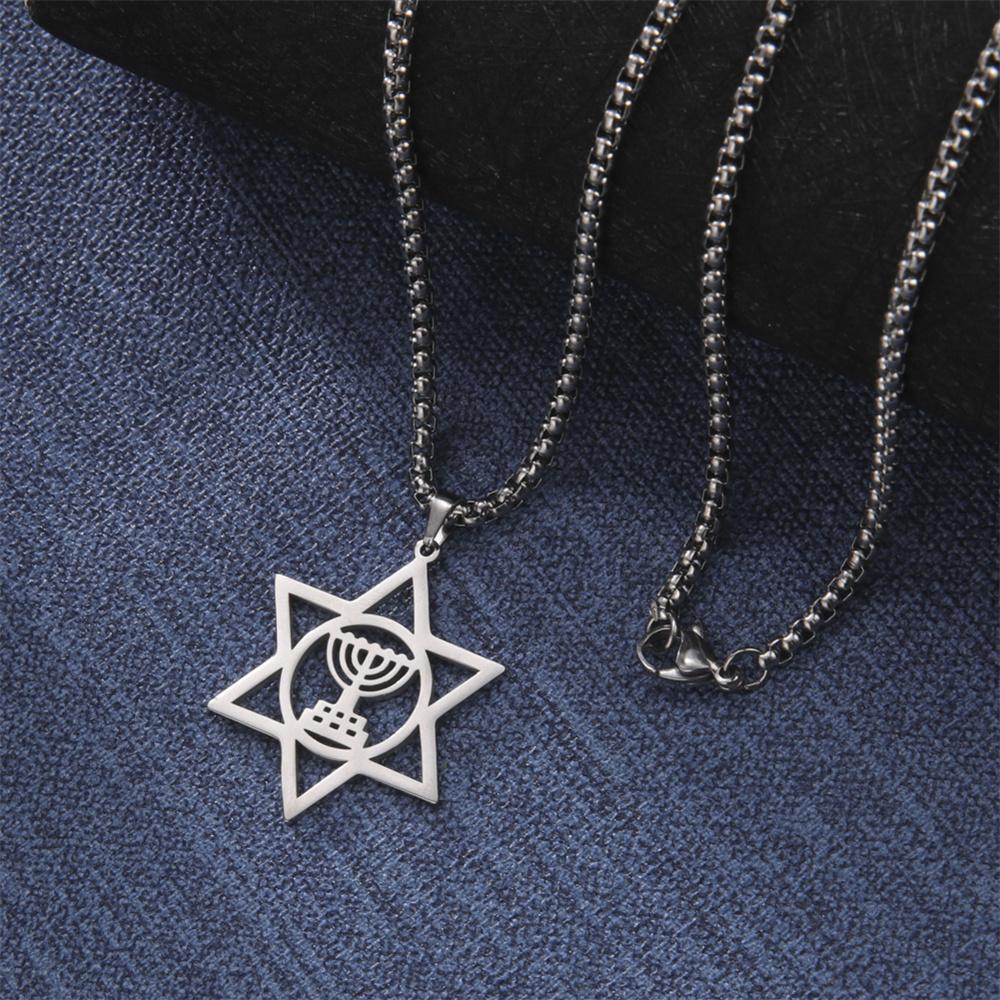 Jewish Menorah Star of David Pendant Necklace for Men Stainless Steel Judaica Faith Hanukkah Lamp Amulet Jewelry Gifts