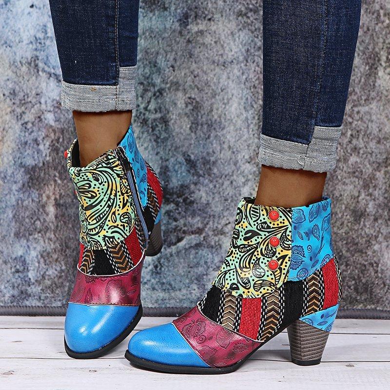 Women's Chic Floral Ankle Boots Side Zip Closure Chunky Heel Comfortable Versatile Short Boots for All Occasions