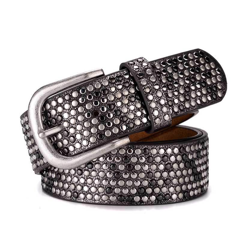 Women's Fashionable Rhinestone Black Leather Belt for Jeans and Formal Wear - Korean Style Trendy