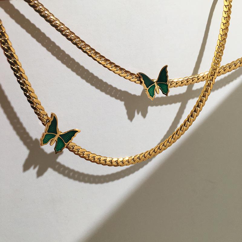18k Gold Titanium Steel Snake Bone Chain Vintage Green Butterfly Choker Necklace for Women