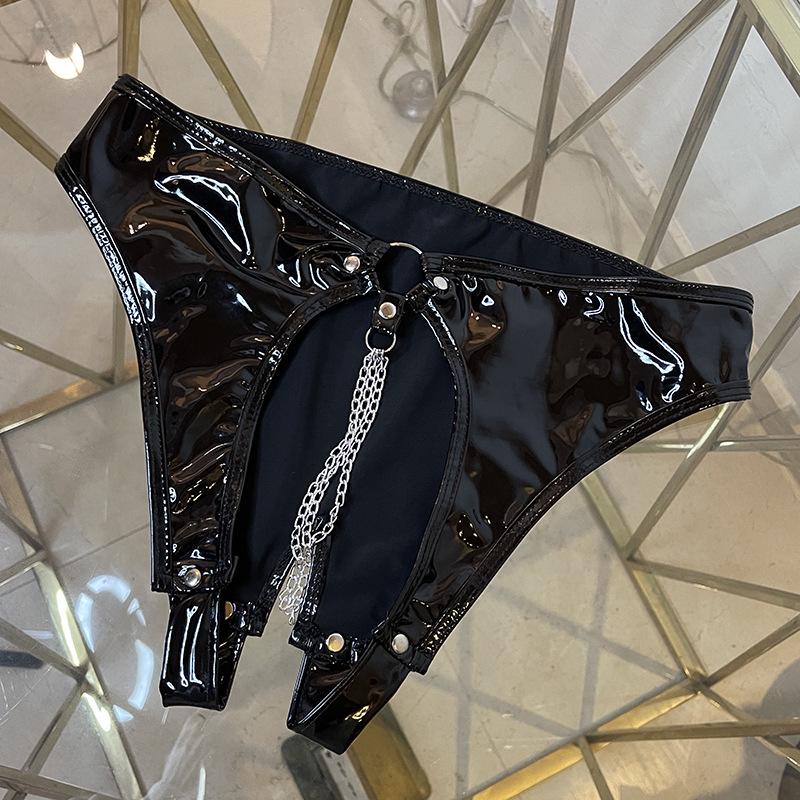 Women's High Gloss PVC Patent Leather Zipper Open Crotch Erotic Shorts Lingerie