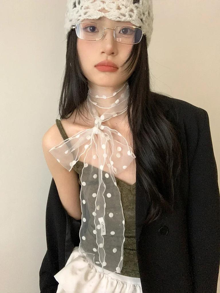 Fashionable Lace Mesh Polka Dot Scarf For Women New Summer 2025 Lightweight Sweet Versatile Neck Accessory With Ribbon