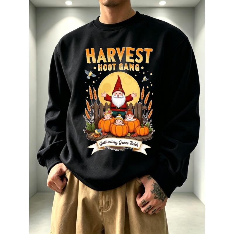 Men's Graphic Print Crew Neck Sweatshirt With Harvest Hoot Gang Gnome Pumpkin Grove Illustration, Loose Fit Streetwear.