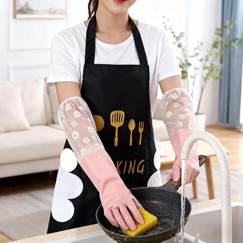 Waterproof Housework Cleaning Gloves and Can Wipe Hands Apron Set Kitchen Cleaning Latex Winter Warm Dishwashing Laundry Gloves