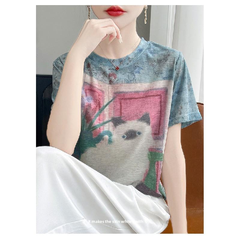 2026 Summer New Women's Round Neck Loose Tie-Dye Cartoon Cat Print Short Sleeve T-Shirt Top
