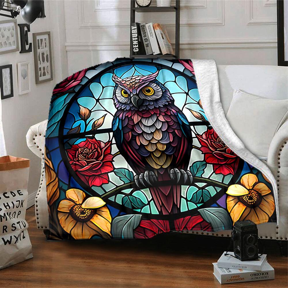 1pc Stained Glass Owl Lightweight Flannel Blanket, Comfortable and Warm Blanket, for Office and Camping Sofa Bed, Livingroom058