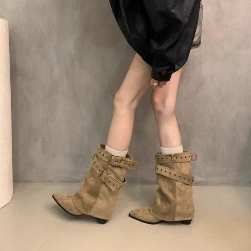 

Модные ботфорты до колена Женские 2025 Осень/Зима Высокие ботинки с острым носком Блочный каблук Узкие модные ботинки 39