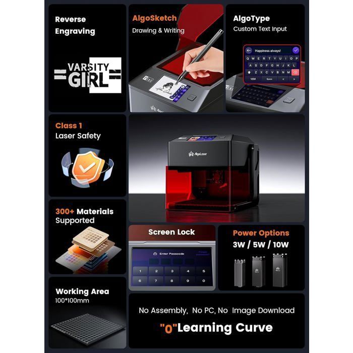 Graveur Laser 10W AlgoLaser Pixi Écran Tactile 3,5” Haute Précision Machine de Gravure Laser Pour Bois/Métal/Verre Etc Noir
