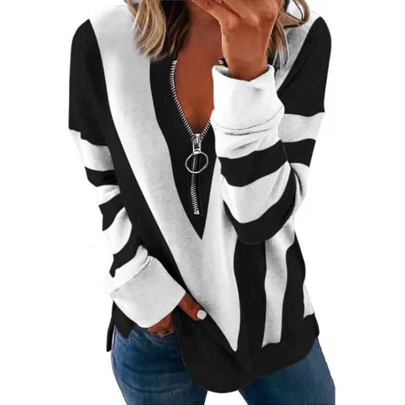 

Casual Comfortable Fashionable Half Zip Top with Striped Print Polo Collar Front Shoulder Women s Hoodies & Sweatshirts S
