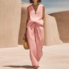 Women Sleeveless V Neck Loose Fit Pullover Top High Waist Wide Leg Pants Set Casual Two Piece Outfit