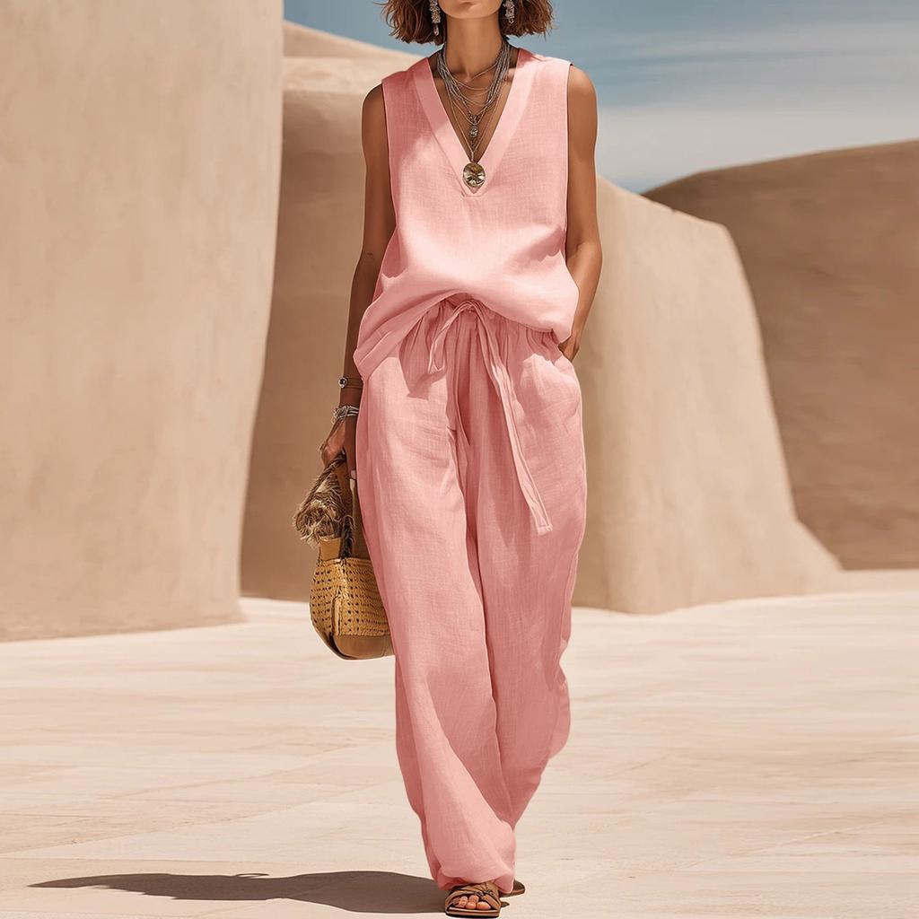 Women Sleeveless V Neck Loose Fit Pullover Top High Waist Wide Leg Pants Set Casual Two Piece Outfit