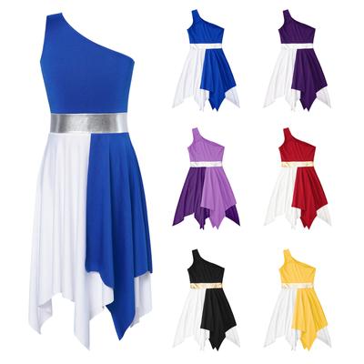 Kids Girls Sleeveless Lyrical Dance Costumes Contrast Color Asymmetrical Figure Skating Ballet Dress