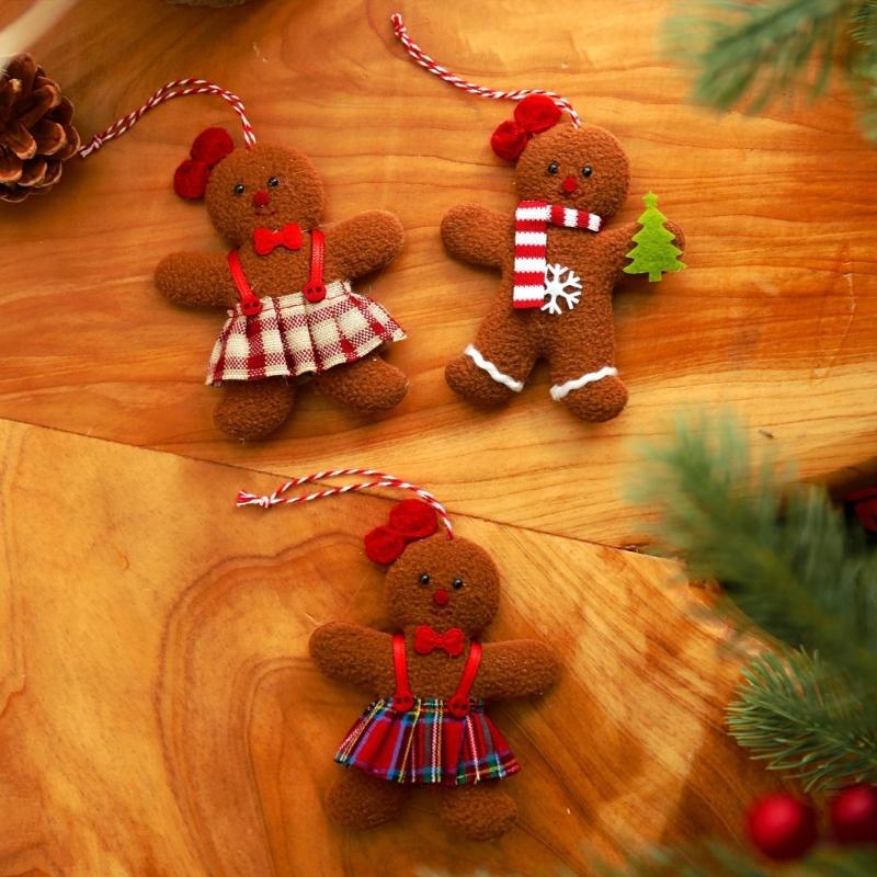 Set of 3 Christmas Gingerbreads Man Shape Cloth Ornaments Reusable Hanging Decorations for Holiday Homes Party