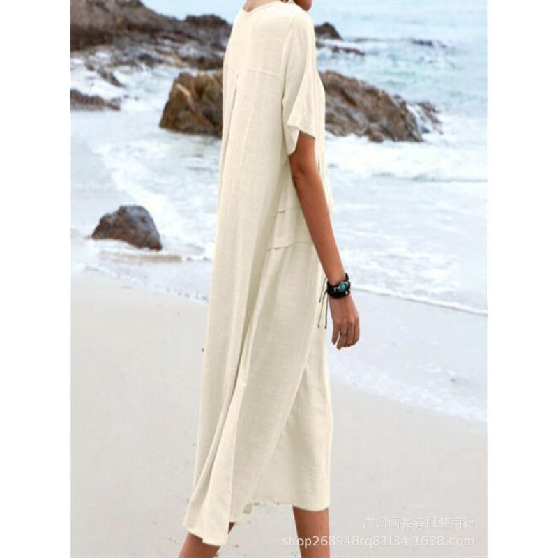 New Women's Cotton Pocket Casual Solid Color Short Sleeved Dress