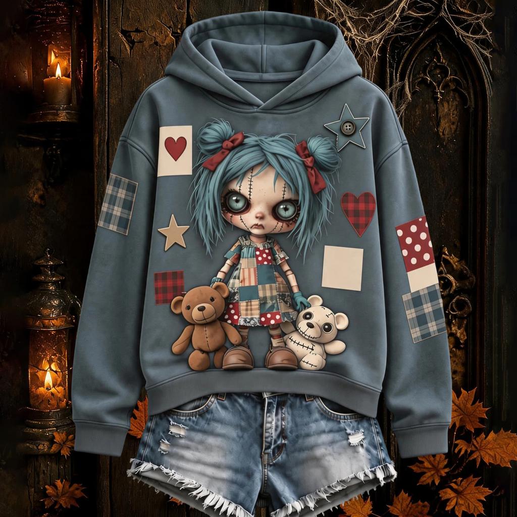 Women's Halloween Gothic Print Hooded Pullover Long Sleeve Sweatshirt