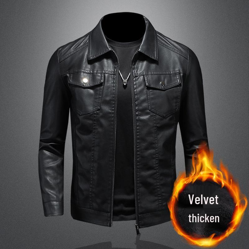 Men's Slim Fit PU Leather Motorcycle Jacket - 2024 Spring/Autumn Korean Style with Fleece Lining