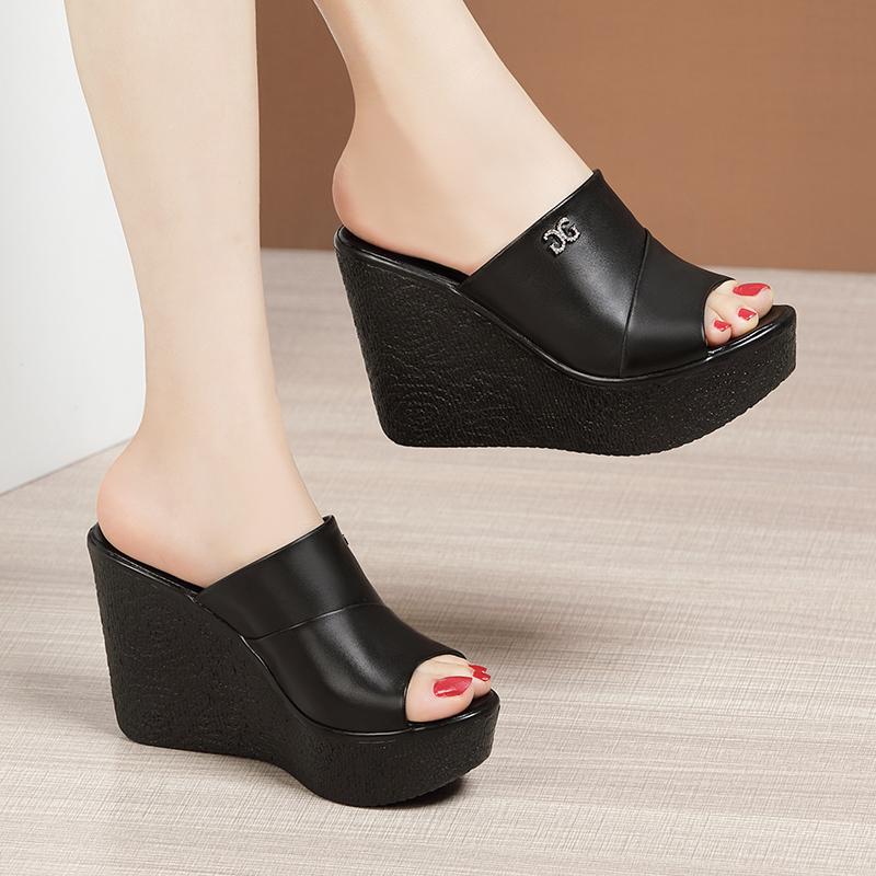 Women Wedges Slippers 2024 New Summer Open Toe Solid Color Shallow Sandals High Heels Platform Slippers Slides Women
