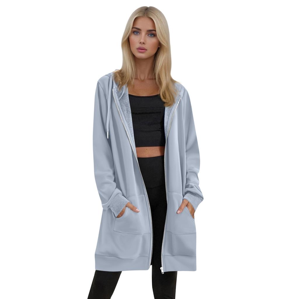 Women's Solid Color Zippered Sweatshirt Top Daily Casual Raglan Long Jacket (Without Hood Drawstring)