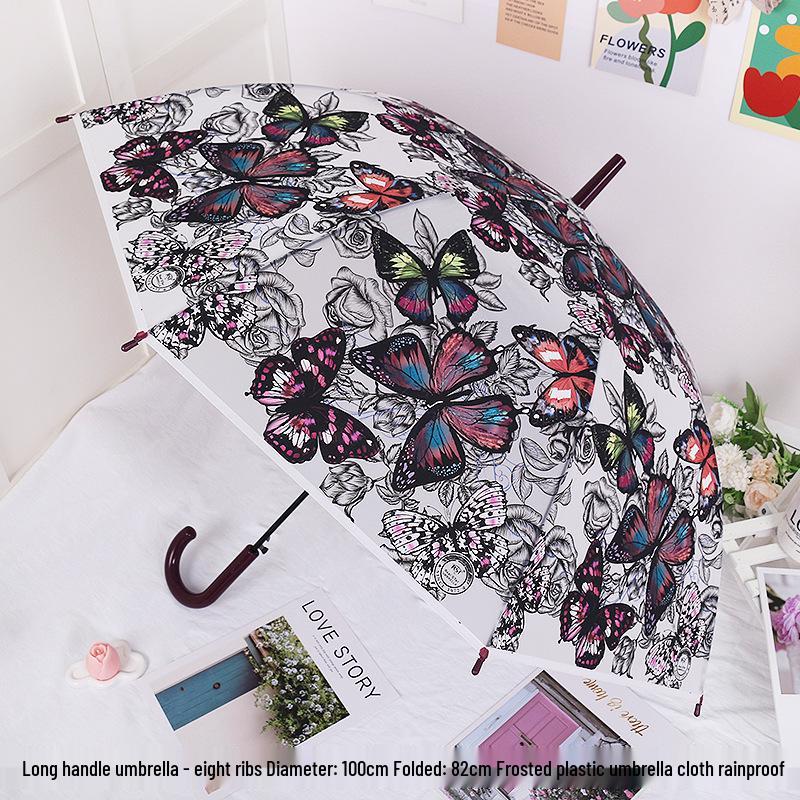 Japanese Forest Style Transparent Cherry Blossom Umbrella with Arched Long Handle for Students