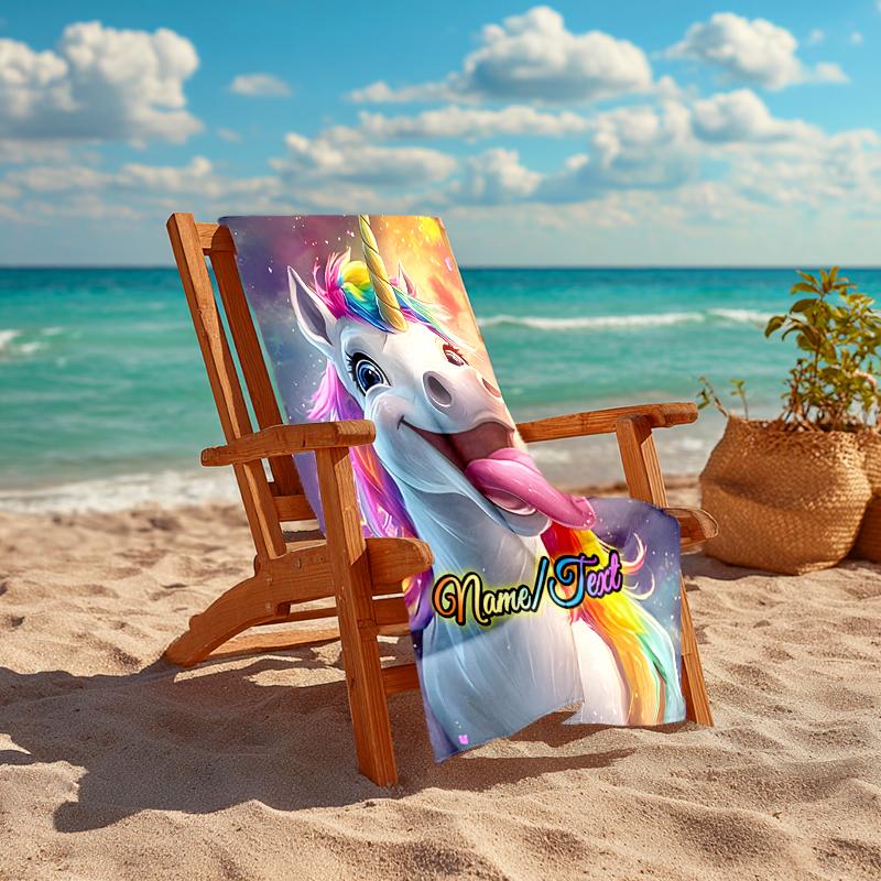 1PC Custom Name Rainbow Unicorn Fantasy Beach Towel Highly Absorbent And Sand-Resistant Towel for Swimming, Pool, Yoga, And Travel Lightweight