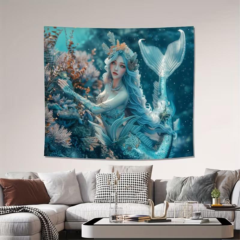 2D Ocean Mermaid Tapestry Teal Blue Underwater World Wall Art