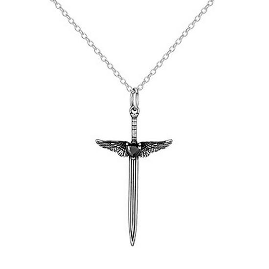 Stainless Steel Halloween Anime Black Zircon Sword & Angel Wings Pendant PN-2245