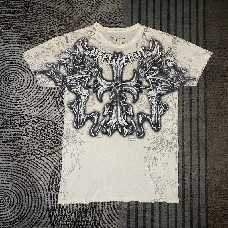 2025 New Affliction Red Shirt Harajuku Hip Hop Round Neck Oversized T Shirt Casual Tops Men Women Short Sleeved Gothic Clothing