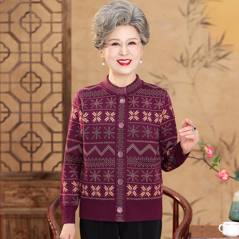 Mom Autumn Winter Jacket Old Man Autumn Clothing Knitted Cardigan Female Grandma Sweater Old Woman Age 0 Loose Top