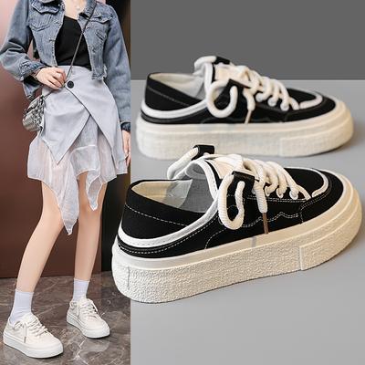 Moda 2024 Novos Sapatos de Lona Meio-tamanco para Mulheres Tênis Simples e Versáteis de Sola Grossa para Mulheres