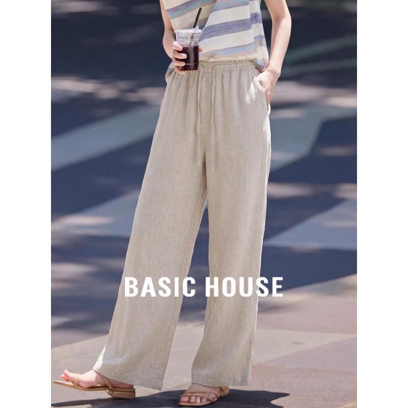 Basic House Women s 100% Linen Thin Straight Wide-Leg Pants L