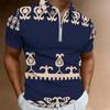 Women Short Sleeve Polo Shirt Dark Blue Teal Spiral Dot Circle Print Half Zip Lapel Top